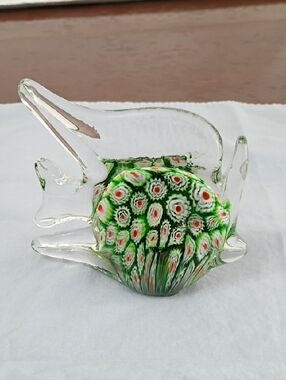 Vintage Green Millefiori Glass Fish Sculpture with Red and White Accents